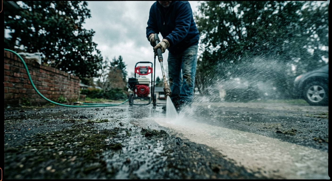 A driveway being pressure washed, half-cleaned, showing the line between washed and unwashed concrete